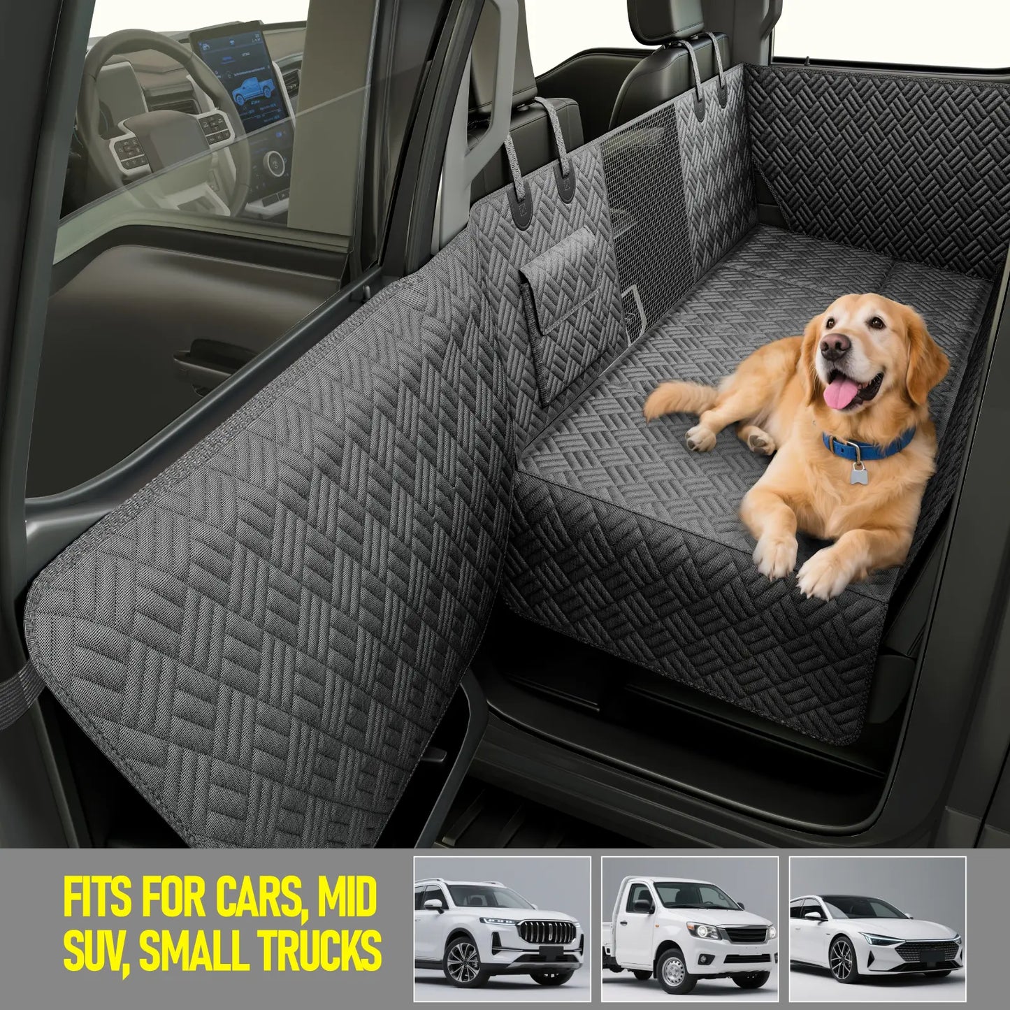 Premium Dog Car Seat Cover with Reinforced Base, Supports up to 400 lbs | Innovative Waterproof Hammock Style Back Seat Extender for Cars, SUVs, and Full-Size Trucks (Available in Small and Large Sizes)