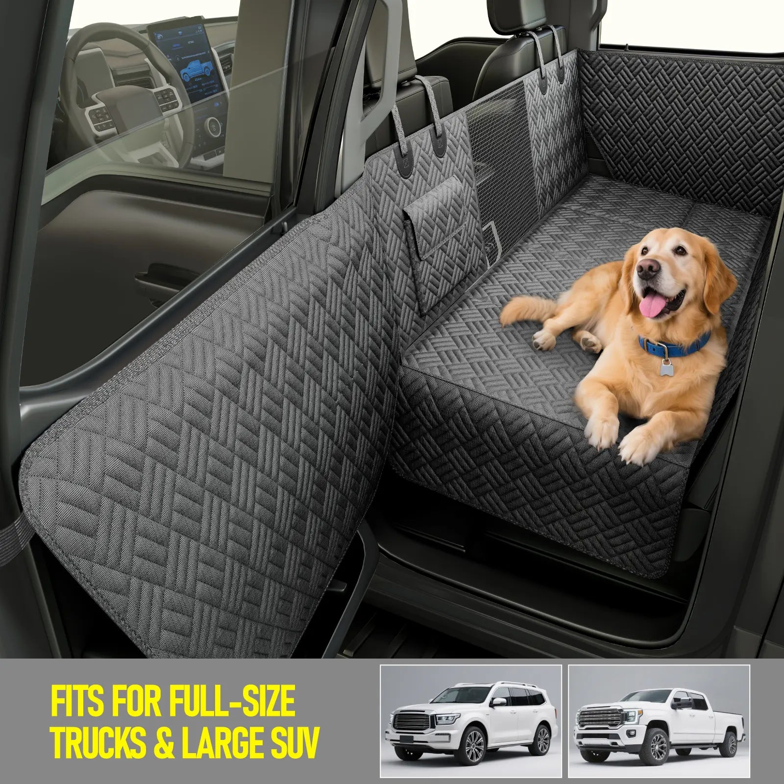 Premium Dog Car Seat Cover with Reinforced Base, Supports up to 400 lbs | Innovative Waterproof Hammock Style Back Seat Extender for Cars, SUVs, and Full-Size Trucks (Available in Small and Large Sizes)